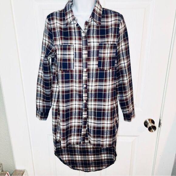 Say What? High Low Cotton Plaid Flannel Shirt Button Down Tunic Blue Red MJ NWT - Picture 5 of 11